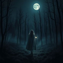 A dark and misty forest scene featuring no grass and dead trees at night, illuminated only by a faint light from the moon with no stars in the sky