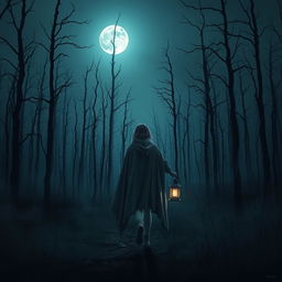 A dark and misty forest scene featuring no grass and dead trees at night, illuminated only by a faint light from the moon with no stars in the sky