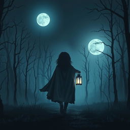 A dark and misty forest scene featuring no grass and dead trees at night, illuminated only by a faint light from the moon with no stars in the sky