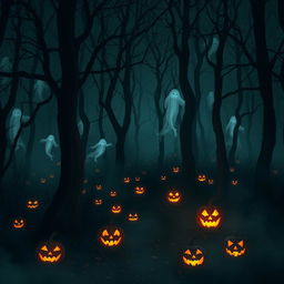 A hauntingly eerie forest enveloped in darkness, with tall, twisted trees that seem to reach out like skeletal hands