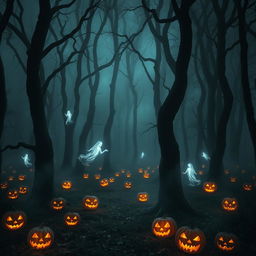 A hauntingly eerie forest enveloped in darkness, with tall, twisted trees that seem to reach out like skeletal hands