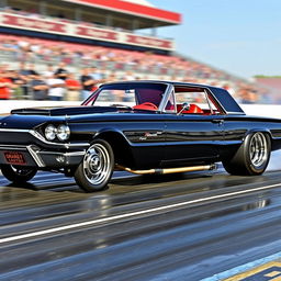 A stunning black 1965 Ford Thunderbird drag car featuring a sleek, polished exterior and a vibrant red interior
