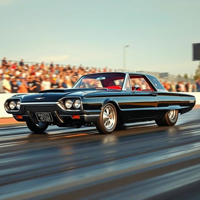 A stunning black 1965 Ford Thunderbird drag car featuring a sleek, polished exterior and a vibrant red interior