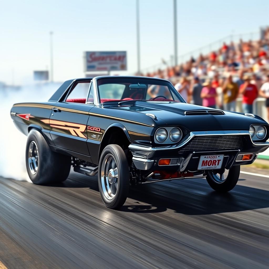 A stunning black 1965 Ford Thunderbird drag car featuring a sleek, polished exterior and a vibrant red interior