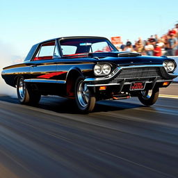 A stunning black 1965 Ford Thunderbird drag car featuring a sleek, polished exterior and a vibrant red interior
