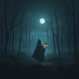 A dark and misty forest devoid of grass and characterized by dead trees, shrouded in night with no stars visible in the sky