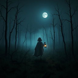 A dark and misty forest devoid of grass and characterized by dead trees, shrouded in night with no stars visible in the sky