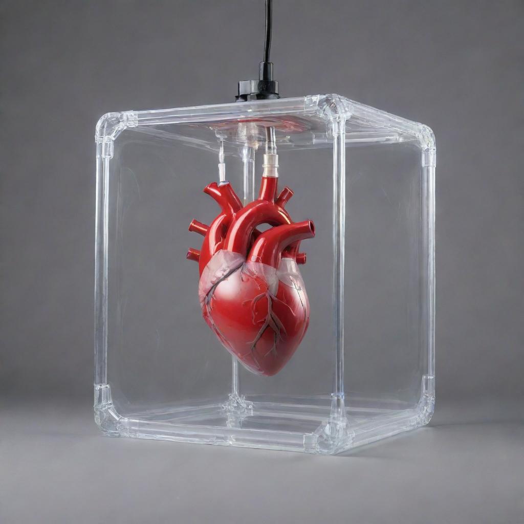 A clear plastic box-shaped heart suspended in mid-air, intricately designed with heavy-duty hydraulic hoses, precision metallic mechanics, a small hydraulic pump, transparent plastic veins, and minor electronics