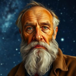A realistic portrait of an elderly bearded man with deep, wise eyes, looking directly at the viewer