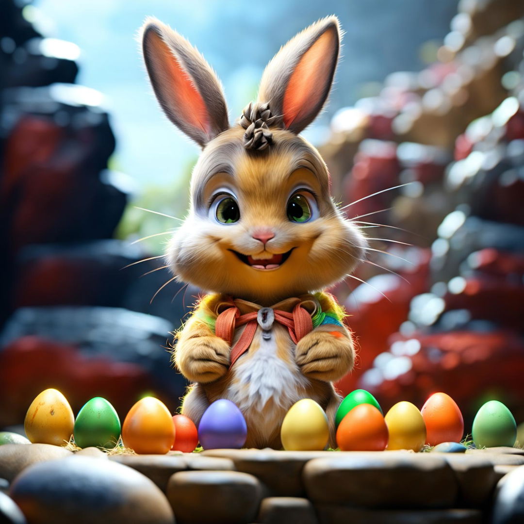 A 3D Pixar-style image of a cute young Easter bunny holding intricately designed Easter eggs