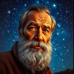 A realistic portrait of an elderly bearded man with deep, wise eyes, looking directly at the viewer