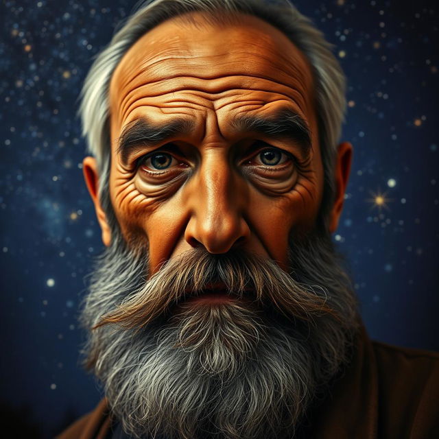 A realistic portrait of an elderly bearded man with deep, wise eyes, looking directly at the viewer