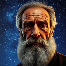 A realistic portrait of an elderly bearded man with deep, wise eyes, looking directly at the viewer