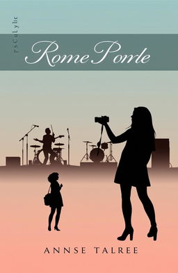 A minimalistic book cover design for a romantic novel featuring a rock band and a girl photographer