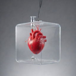 A clear plastic box-shaped heart suspended in mid-air, intricately designed with heavy-duty hydraulic hoses, precision metallic mechanics, a small hydraulic pump, transparent plastic veins, and minor electronics