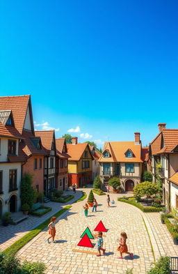 A picturesque town scene showcasing elements of geometry and mathematics, specifically focusing on the Pythagorean relation