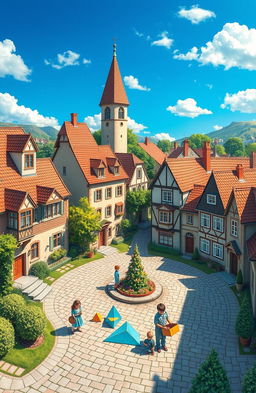 A picturesque town scene showcasing elements of geometry and mathematics, specifically focusing on the Pythagorean relation