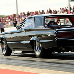 A sleek black 1965 Ford Thunderbird drag car, featuring large shiny chrome wheels that gleam under the light