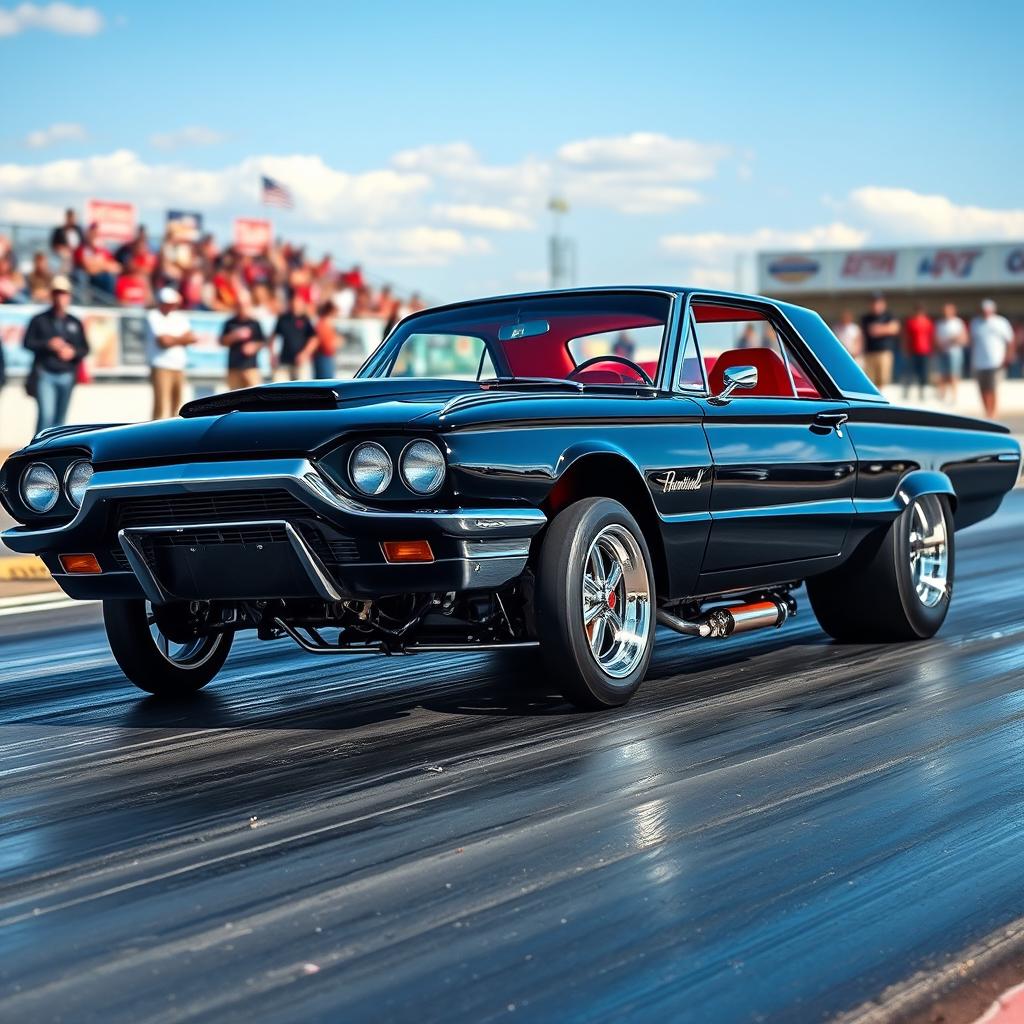 A sleek black 1965 Ford Thunderbird drag car, featuring large shiny chrome wheels that gleam under the light