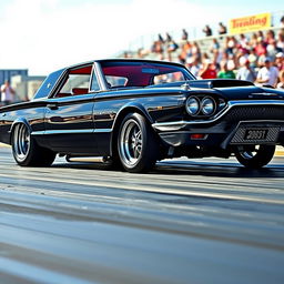 A sleek black 1965 Ford Thunderbird drag car, featuring large shiny chrome wheels that gleam under the light