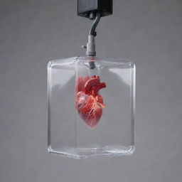 A clear plastic box-shaped heart suspended in mid-air, intricately designed with heavy-duty hydraulic hoses, precision metallic mechanics, a small hydraulic pump, transparent plastic veins, and minor electronics