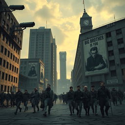 A vivid representation of a dystopian world reminiscent of George Orwell's 1984, set in the year 2024