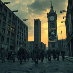 A vivid representation of a dystopian world reminiscent of George Orwell's 1984, set in the year 2024