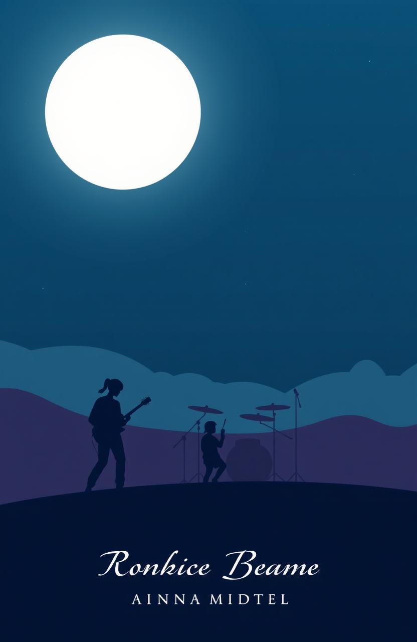 A minimalistic book cover design for a romantic novel featuring a rock band and a girl who is a photographer