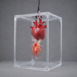 A clear plastic box-shaped heart suspended in mid-air, intricately designed with heavy-duty hydraulic hoses, precision metallic mechanics, a small hydraulic pump, transparent plastic veins, and minor electronics