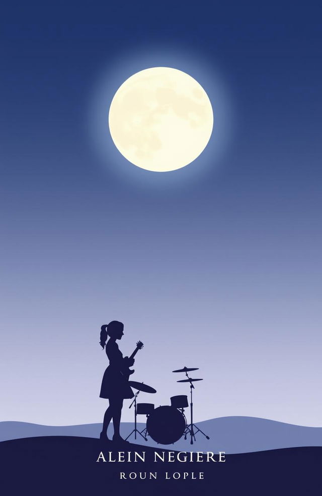 A minimalistic book cover design for a romantic novel featuring a rock band and a girl who is a photographer