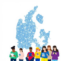 A detailed map of Denmark featuring digital lines and network patterns overlaying the geographical features