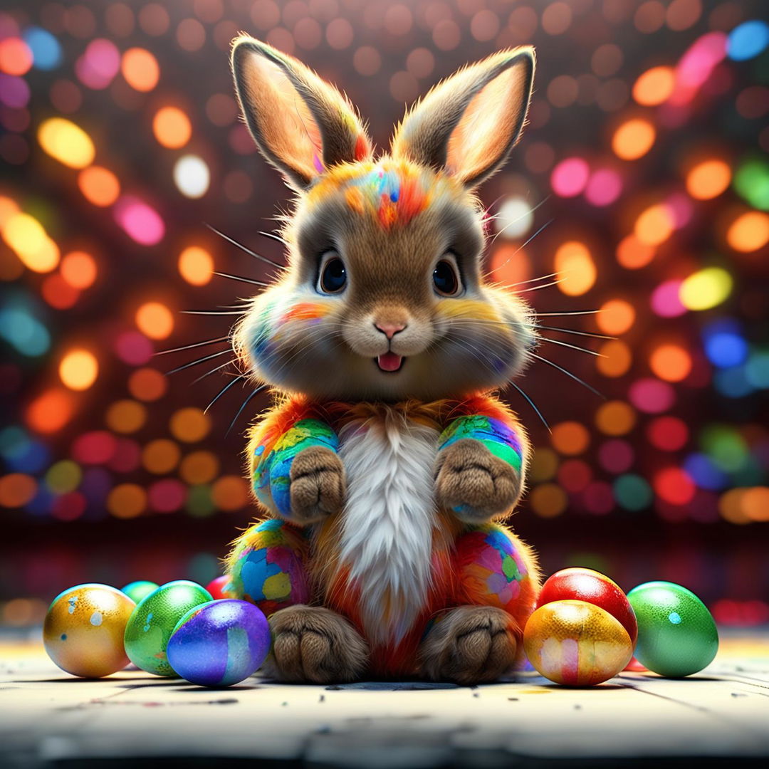 A 3D Pixar-style image of a cute young Easter bunny holding colorful eggs