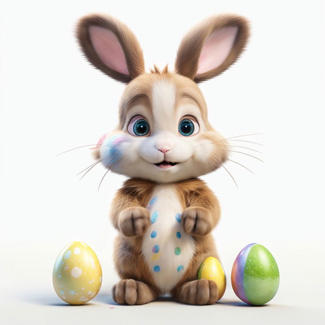 A 3D Pixar-style image of a cute young Easter bunny holding colorful Easter eggs against a pastel white backdrop.