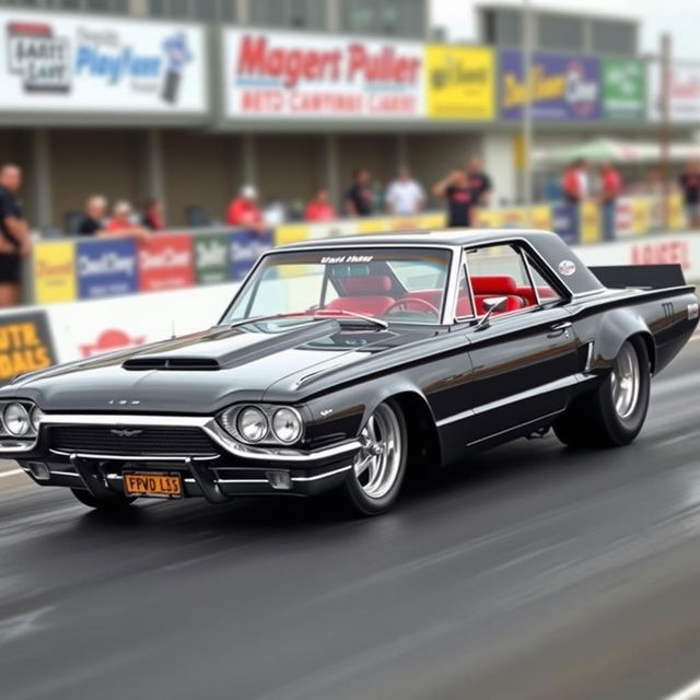 A black 1965 Ford Thunderbird drag car featuring large chrome wheels and prominent fender flares