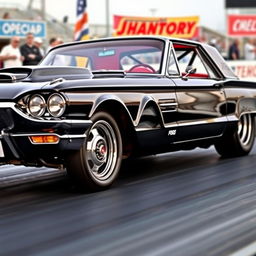 A black 1965 Ford Thunderbird drag car featuring large chrome wheels and prominent fender flares