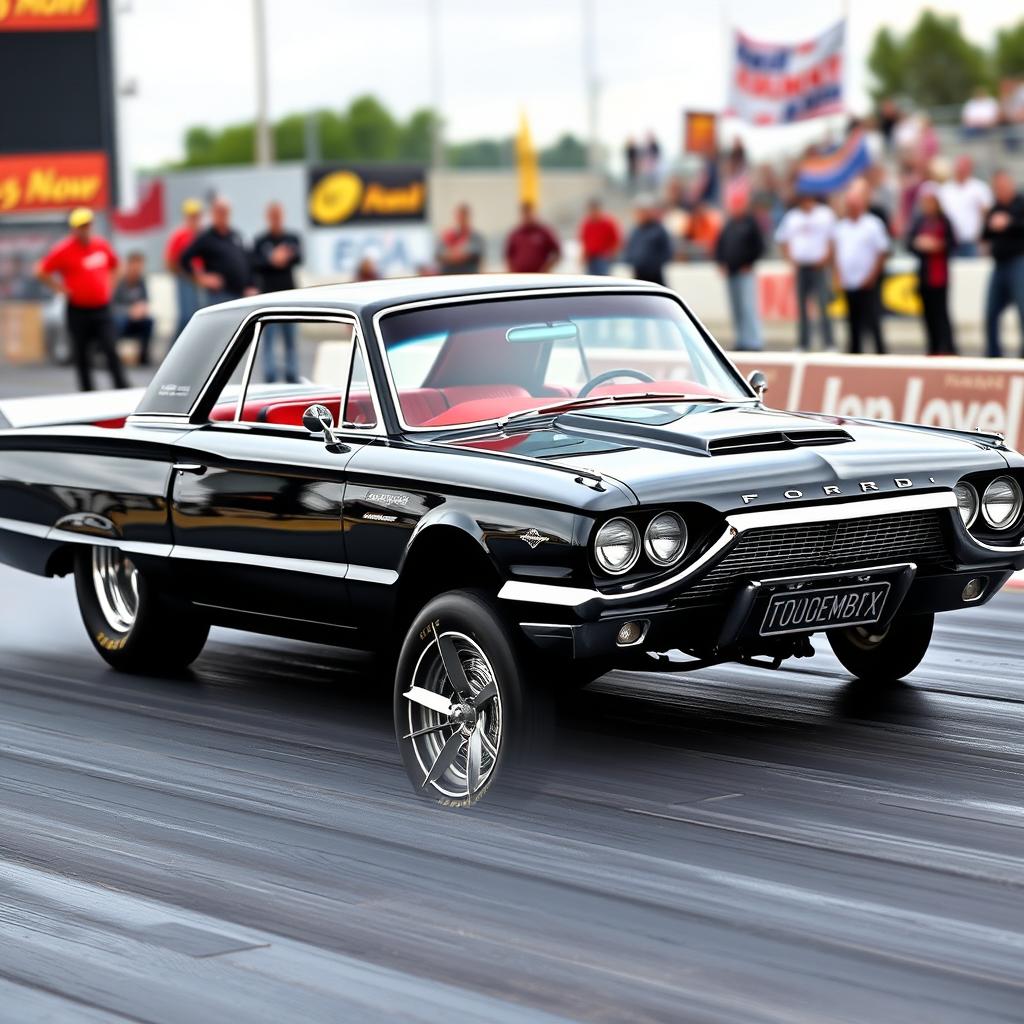 A black 1965 Ford Thunderbird drag car featuring large chrome wheels and prominent fender flares