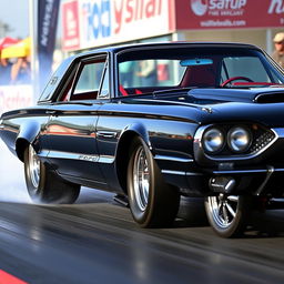A black 1965 Ford Thunderbird drag car featuring large chrome wheels and prominent fender flares