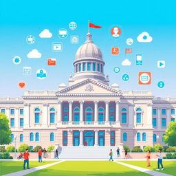 An illustration of a grand government building, showcasing classical architecture with modern touches