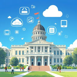 An illustration of a grand government building, showcasing classical architecture with modern touches