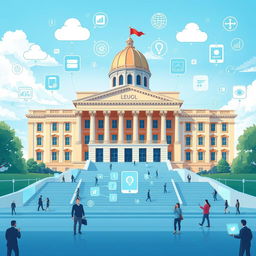 An illustration of a grand government building, showcasing classical architecture with modern touches