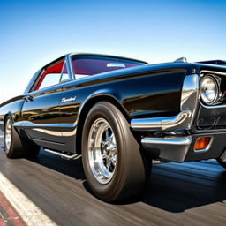 A black 1965 Ford Thunderbird drag car featuring big chrome wheels and dramatic fender flares