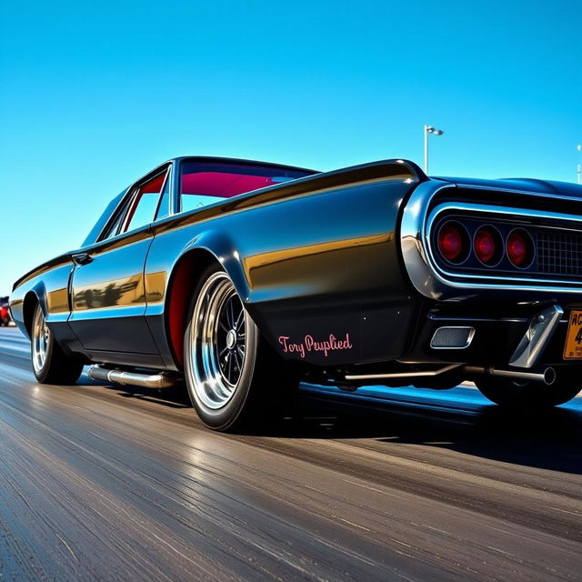 A black 1965 Ford Thunderbird drag car featuring big chrome wheels and dramatic fender flares