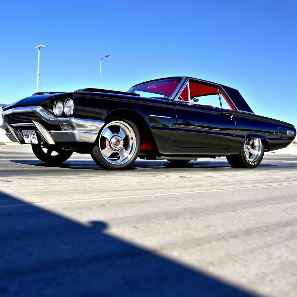 A black 1965 Ford Thunderbird drag car featuring big chrome wheels and dramatic fender flares