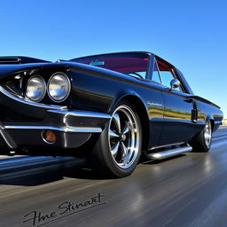 A black 1965 Ford Thunderbird drag car featuring big chrome wheels and dramatic fender flares