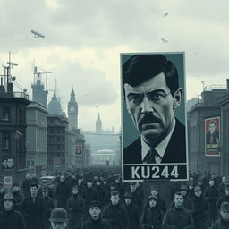 A dystopian cityscape inspired by George Orwell's 1984, set in the year 2024
