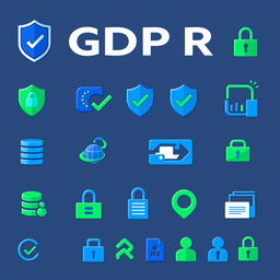 A collection of GDPR-themed iconography, featuring a variety of symbols representing data protection and privacy