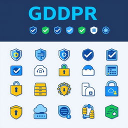 A collection of GDPR-themed iconography, featuring a variety of symbols representing data protection and privacy