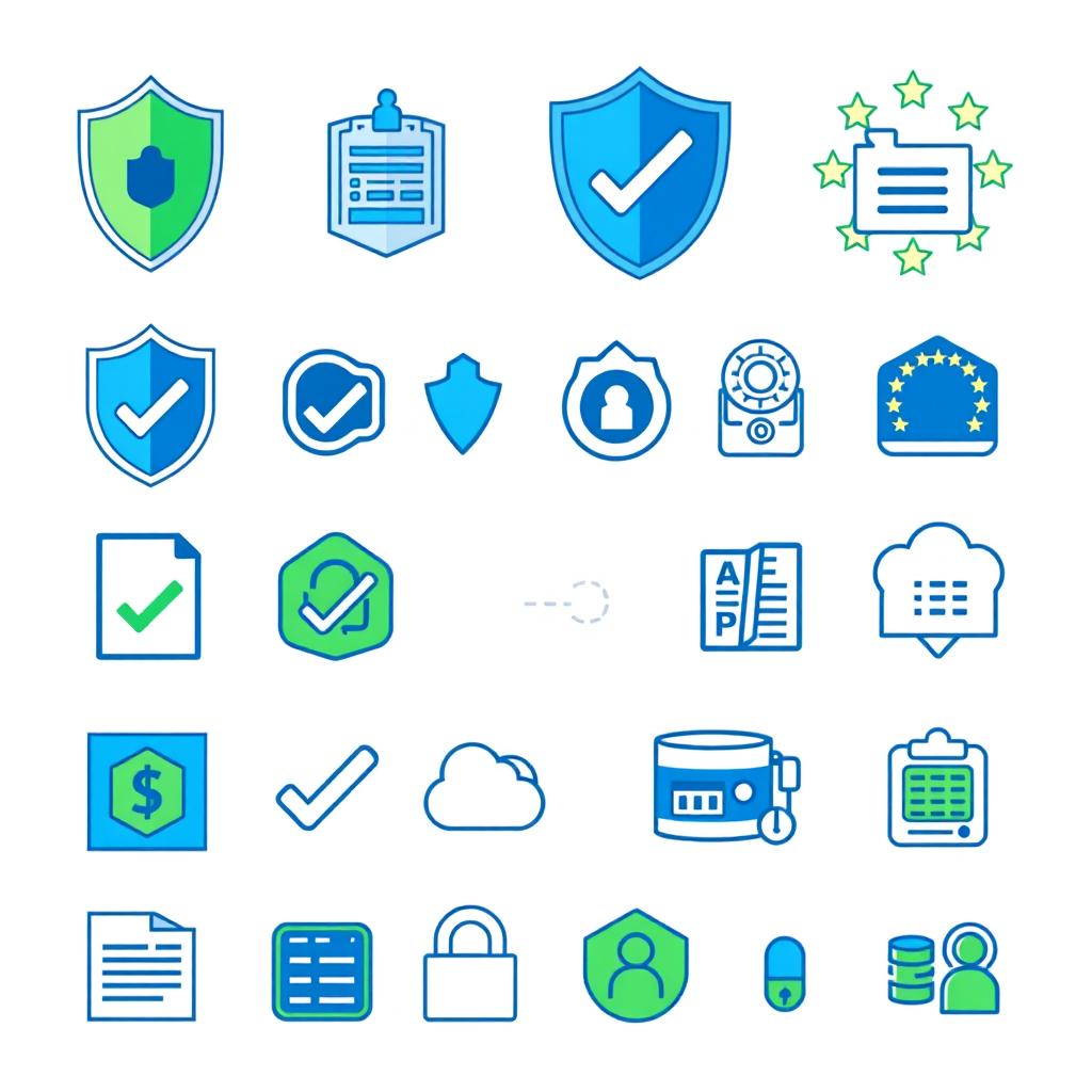 A collection of GDPR-themed iconography, featuring a variety of symbols representing data protection and privacy