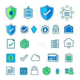 A collection of GDPR-themed iconography, featuring a variety of symbols representing data protection and privacy