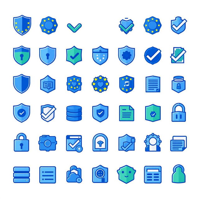 A collection of GDPR-themed iconography, featuring a variety of symbols representing data protection and privacy